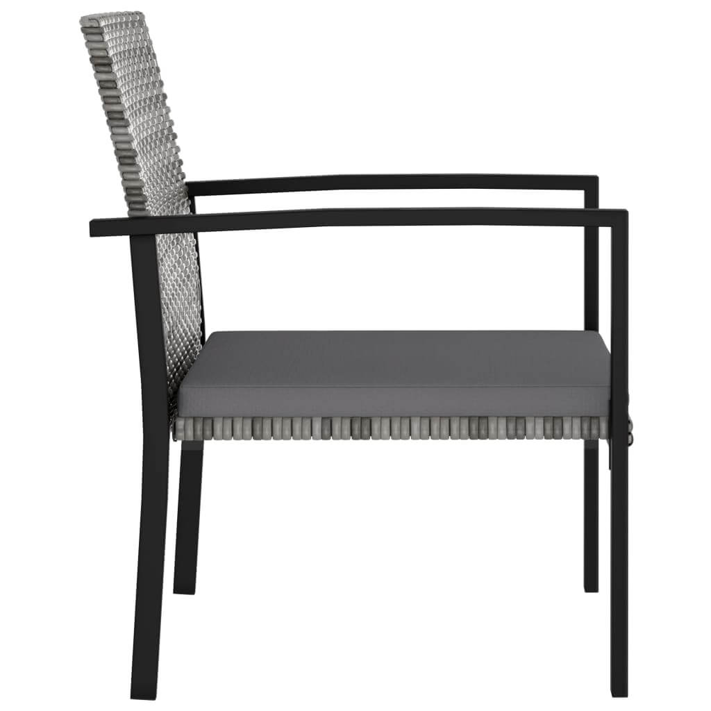 Side view of a grey padded garden dining chair with a poly rattan back and black steel frame, ideal for outdoor use.