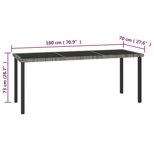 7 piece garden dining set table dimensions, 180 cm x 70 cm x 73 cm, featuring a durable poly rattan design for outdoor use.