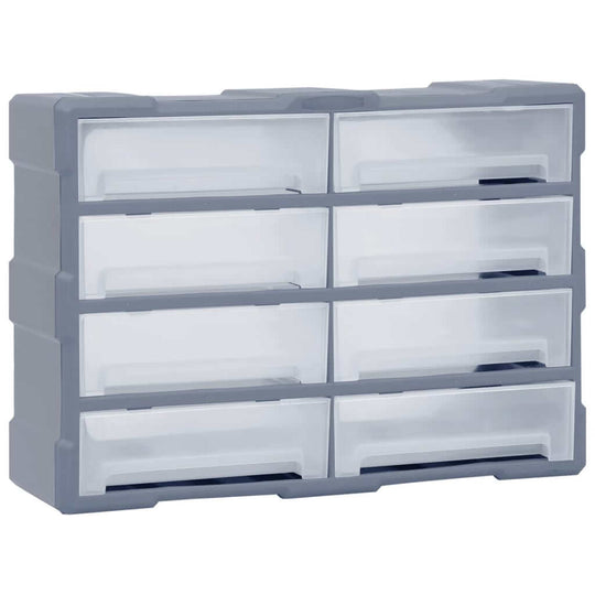 Multi-drawer organiser with 8 big transparent drawers, perfect for storing tools and accessories, made of durable impact-resistant plastic.