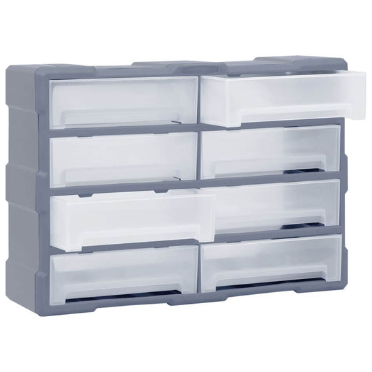 Multi-drawer organiser with 8 big drawers for storage, ideal for tools and accessories, made from durable impact-resistant plastic.