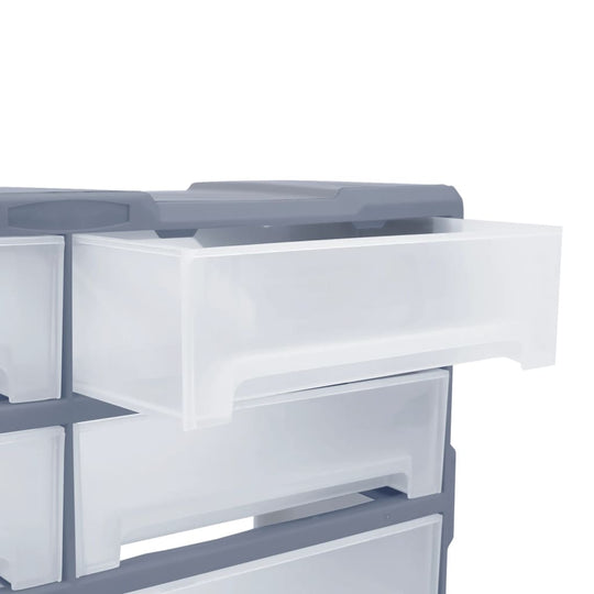 Multi-drawer organiser featuring a clear drawer, ideal for storing tools and accessories in a space-efficient design.