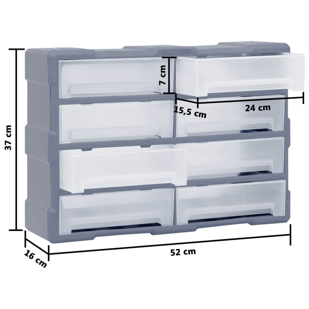 Multi-drawer organiser with 8 large drawers, dimensions 52x16x37 cm, ideal for storing tools and accessories neatly.