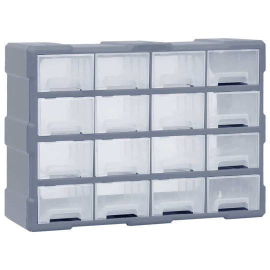 Multi-drawer organiser with 16 transparent drawers for storage; perfect for tools, accessories, and outdoor furniture use.