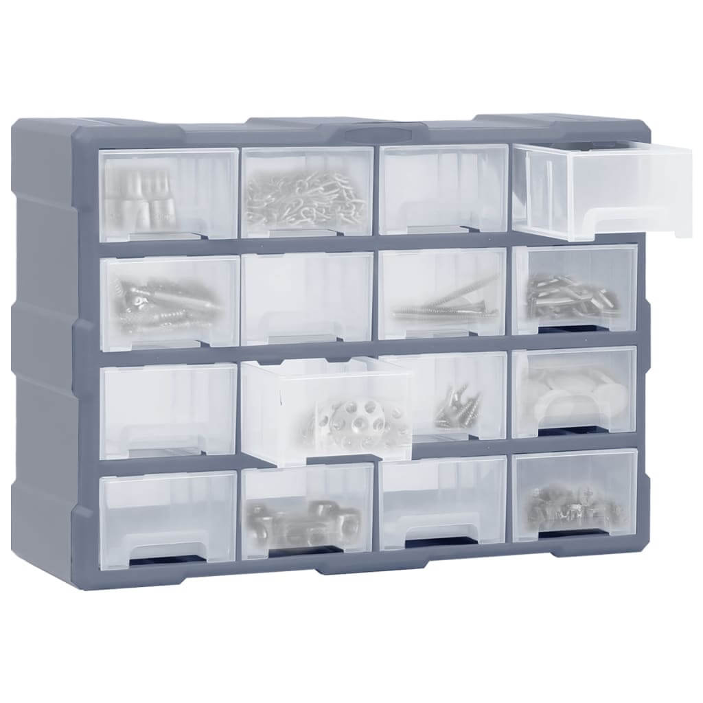 Multi-drawer organiser with 16 transparent drawers for storing tools, accessories, and small items, 52x16x37 cm.