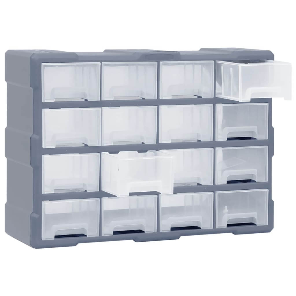 Multi-drawer organiser with 16 middle drawers, ideal for storing tools and accessories, made of durable impact-resistant plastic.