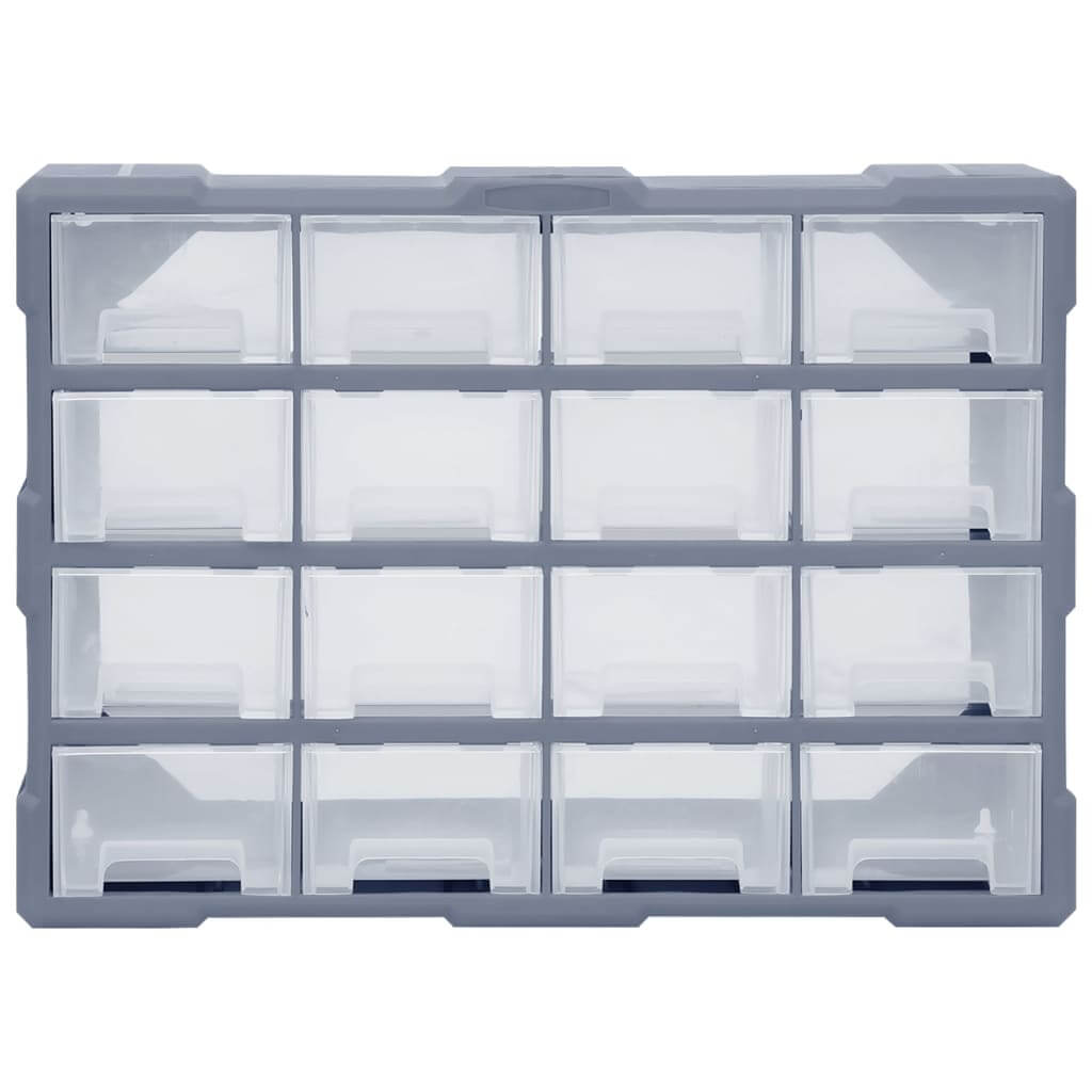 Multi-drawer organiser with 16 transparent drawers for managing tools and accessories, ideal for home or outdoor use.