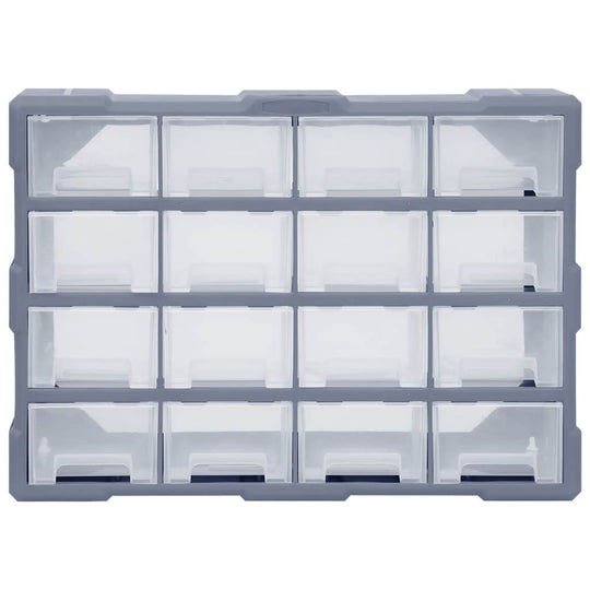 Multi-drawer organiser with 16 transparent drawers for managing tools and accessories, ideal for home or outdoor use.