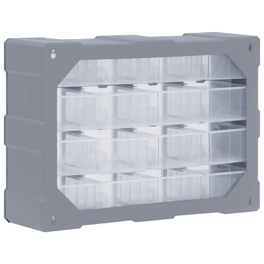 Multi-drawer organiser with 16 transparent drawers for efficient storage of tools and accessories, ideal for home or outdoor use.