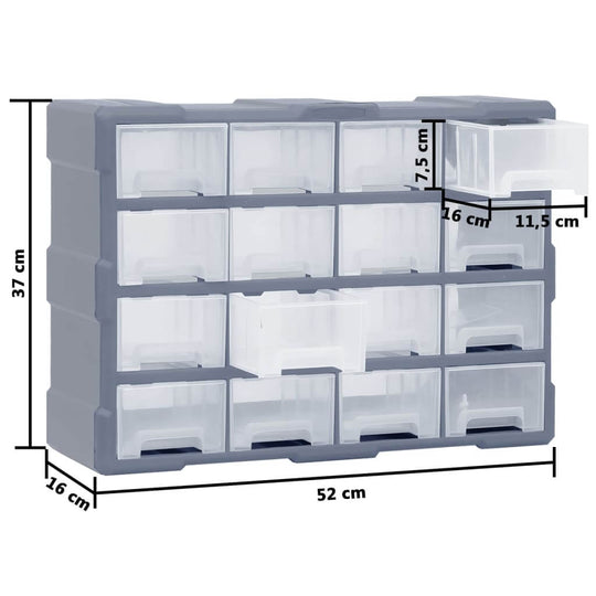 Multi-drawer organiser with 16 middle drawers, dimensions 52x16x37 cm, perfect for storing tools and accessories, impact-resistant plastic.