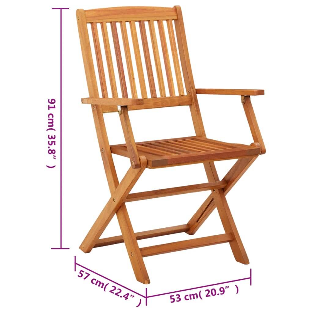 Folding garden chair in solid eucalyptus wood with dimensions, perfect outdoor furniture for patio or terrace use.