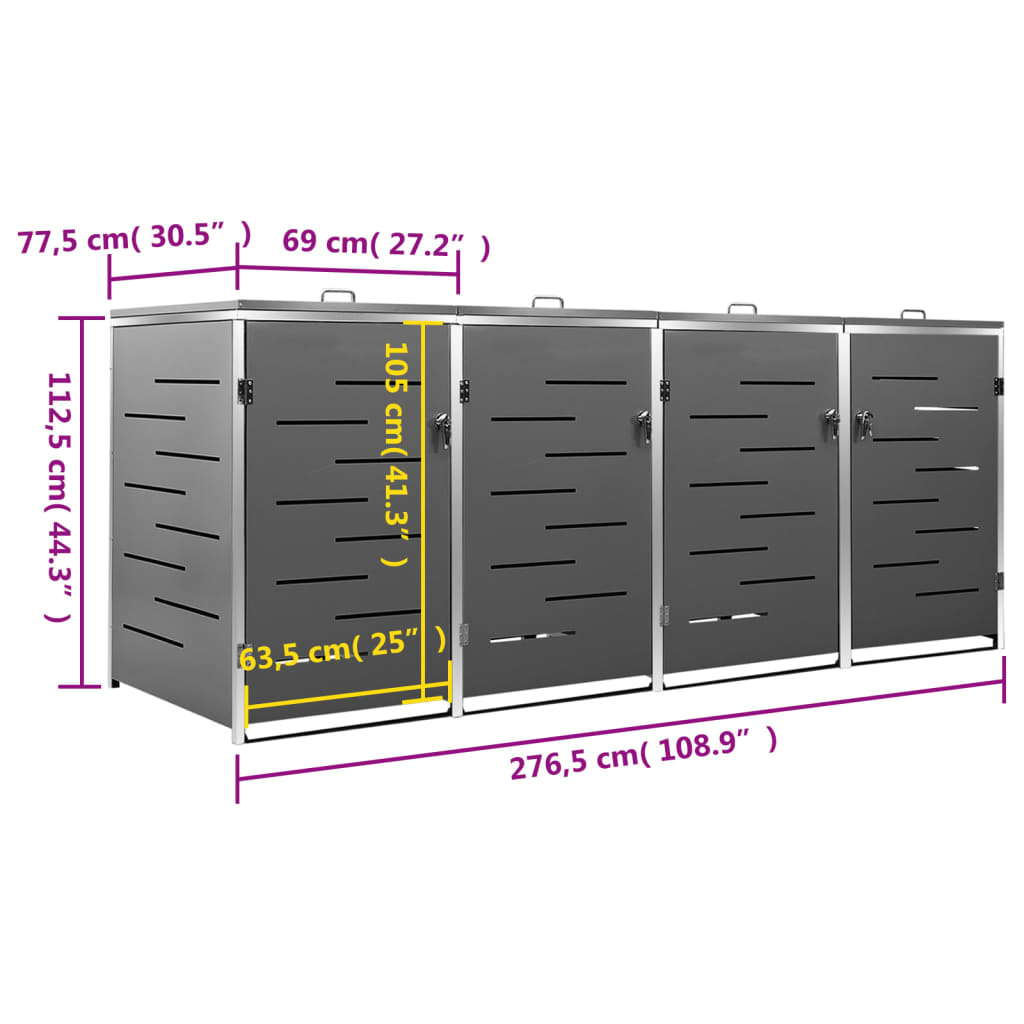 Quadruple Wheelie Bin Shed 276.5x77.5x112.5 cm Stainless Steel , Home & Garden -> Household Supplies -> Waste Containment Accessories -> Waste Container Enclosures , gray,Home & Garden -,Household Supplies -,new-305021,set of 3,set of 4,Waste Container En