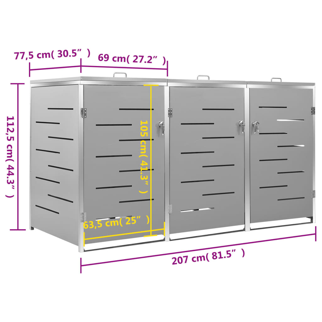 Quadruple Wheelie Bin Shed 276.5x77.5x112.5 cm Stainless Steel , Home & Garden -> Household Supplies -> Waste Containment Accessories -> Waste Container Enclosures , gray,Home & Garden -,Household Supplies -,new-305021,set of 3,set of 4,Waste Container En