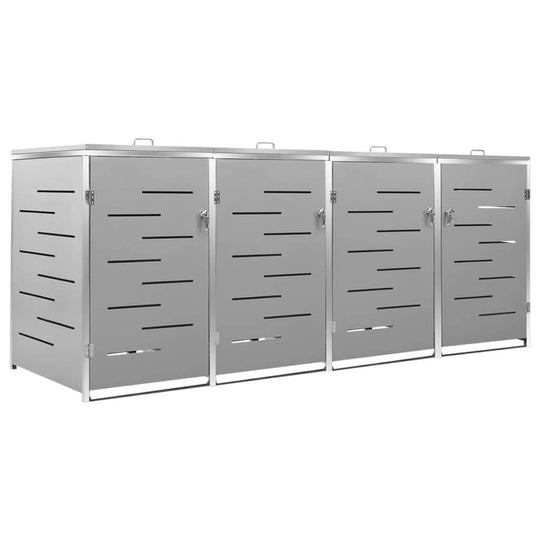Quadruple Wheelie Bin Shed 276.5x77.5x112.5 cm Stainless Steel with locking system and air circulation design.
