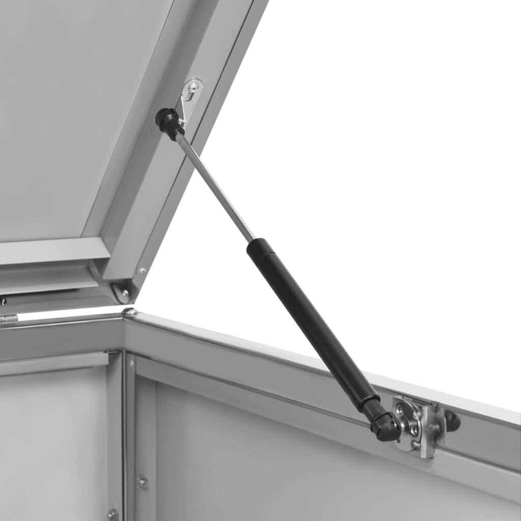 Close-up of the gas lift mechanism in the Quadruple Wheelie Bin Shed 276.5x77.5x112.5 cm Stainless Steel.