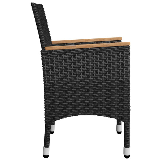 Side view of black PE rattan outdoor chair with acacia wood armrest, part of a garden dining set for patio or balcony furniture.