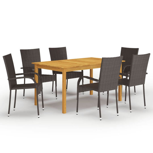 7 piece brown garden dining set featuring acacia wood table and weather-resistant PE rattan chairs.