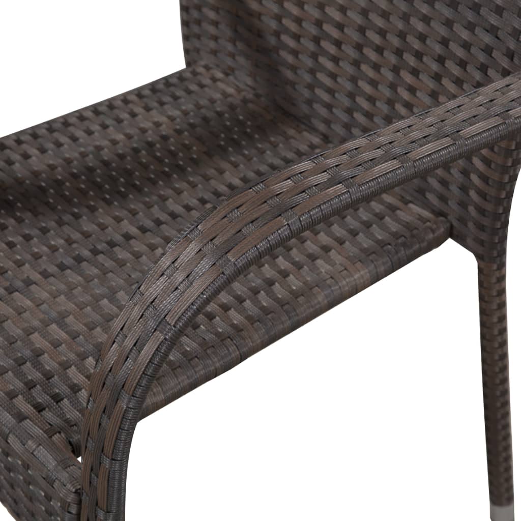 Close-up of a sturdy outdoor chair made of weather-resistant PE rattan in brown, showcasing its woven design and armrest.