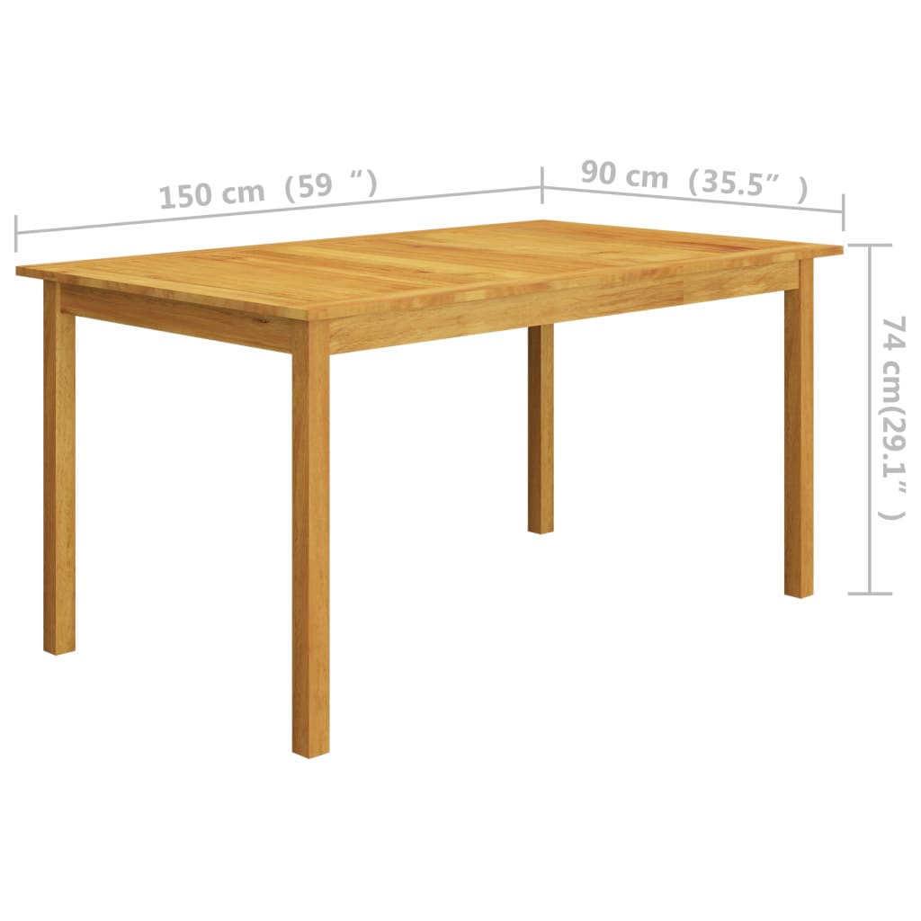 Solid acacia wood dining table in natural finish with dimensions 150x90 cm and height 74 cm, ideal for outdoor use.