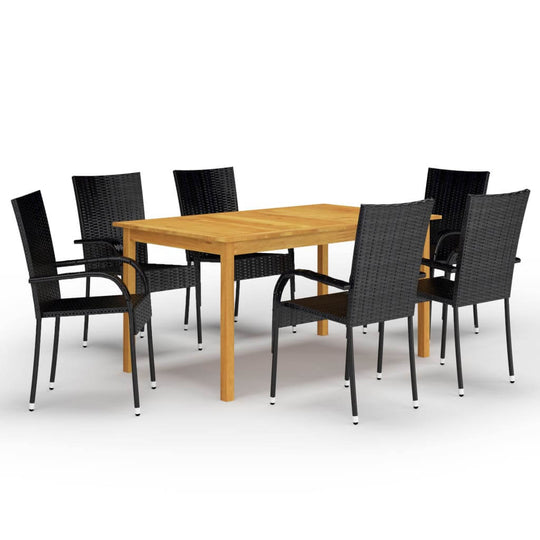 7-piece garden dining set featuring solid acacia wood table and black weather-resistant chairs, perfect for outdoor furniture design.