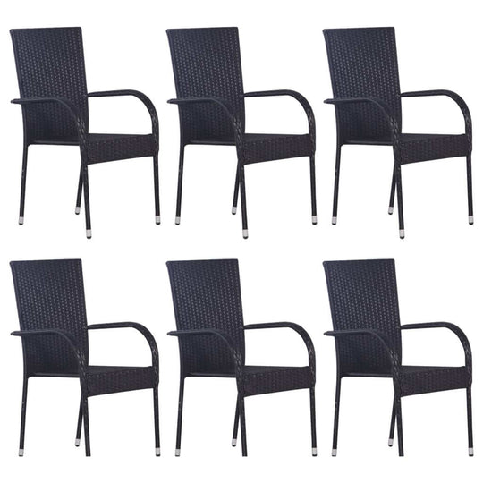 Set of six stackable outdoor dining chairs in black PE rattan with powder-coated steel frame, perfect for lounge and garden use.