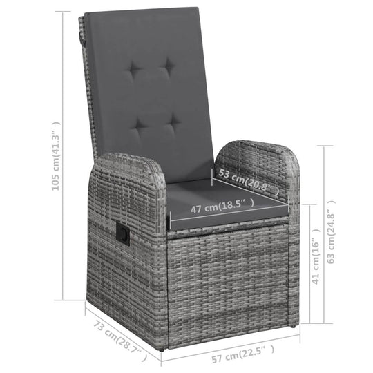 Adjustable outdoor patio chair with grey cushion, featuring measurements and rattan finish, perfect for garden lounge sets and patio furniture.