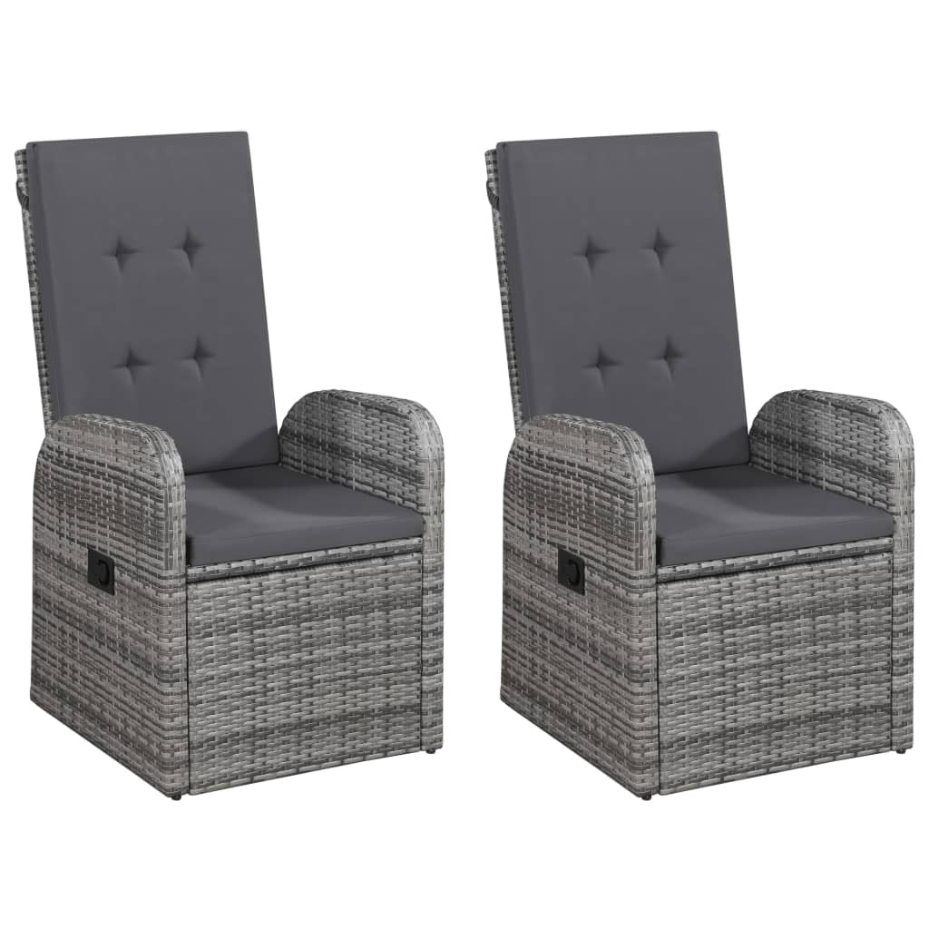 Two grey PE rattan adjustable garden chairs with cushions, designed for outdoor comfort, perfect for patio or garden furniture sets.