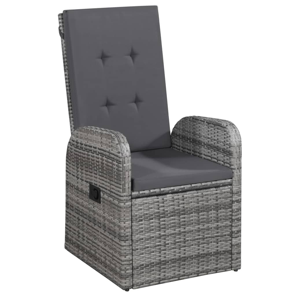 Adjustable rattan garden chair with cushioned seating, perfect for outdoor patios and dining, in a modern grey design.