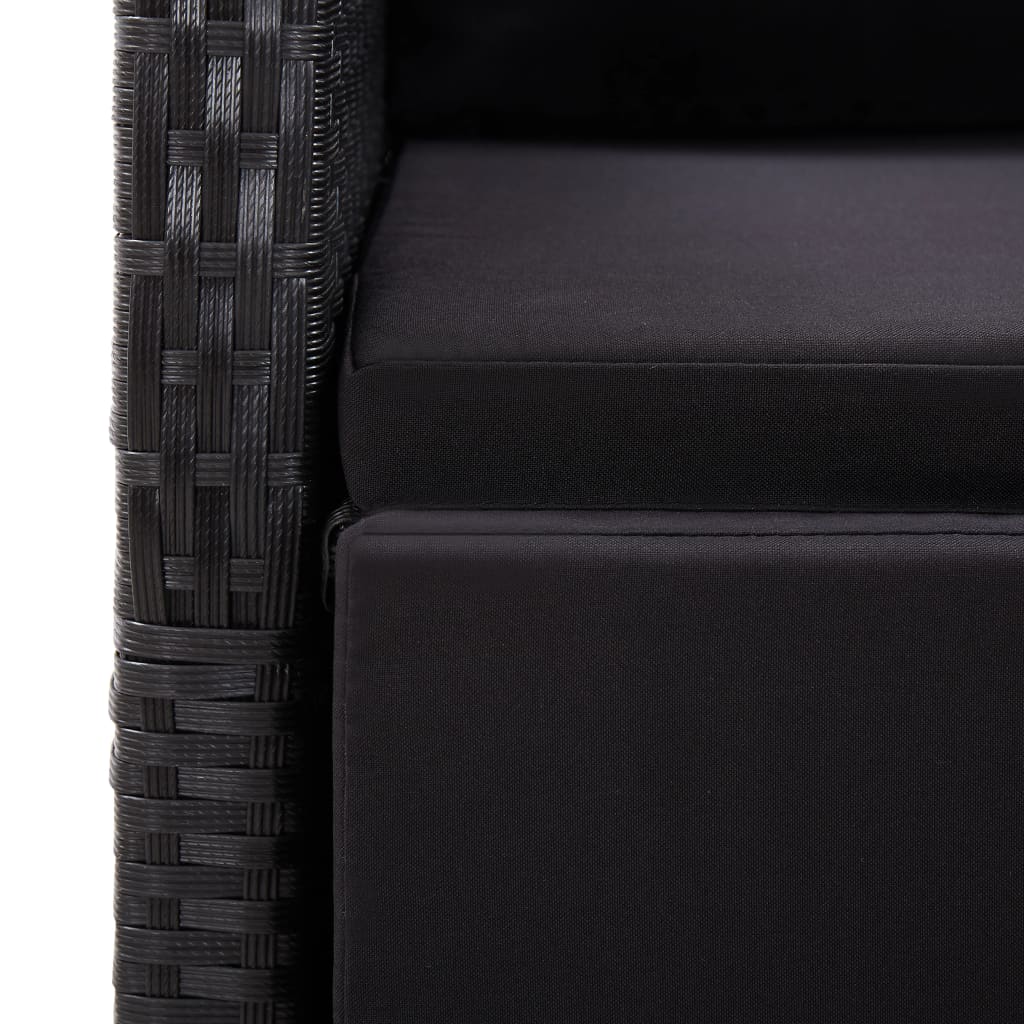 Close-up of the black seat cushion and woven frame of a garden dining chair, showcasing durable outdoor furniture design.