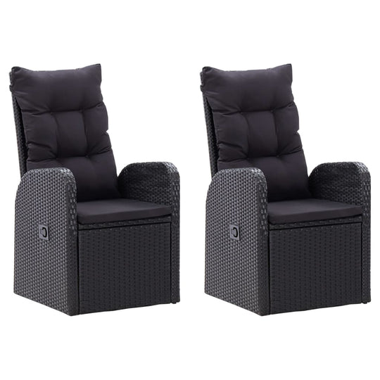 Two stylish black outdoor lounge chairs with adjustable backrests and plush cushions. Perfect for relaxing in your garden.