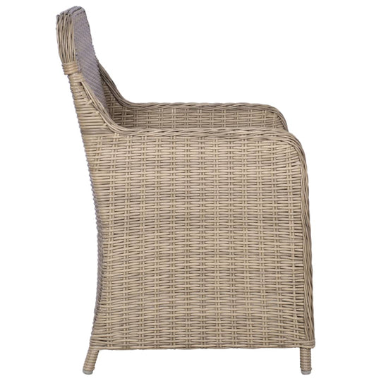 Side view of a weather-resistant PE rattan dining chair with a sturdy design, perfect for outdoor furniture.