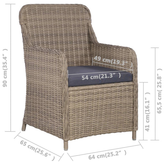 Dimensions of a brown rattan dining chair with thick padding, suitable for outdoor garden dining sets.