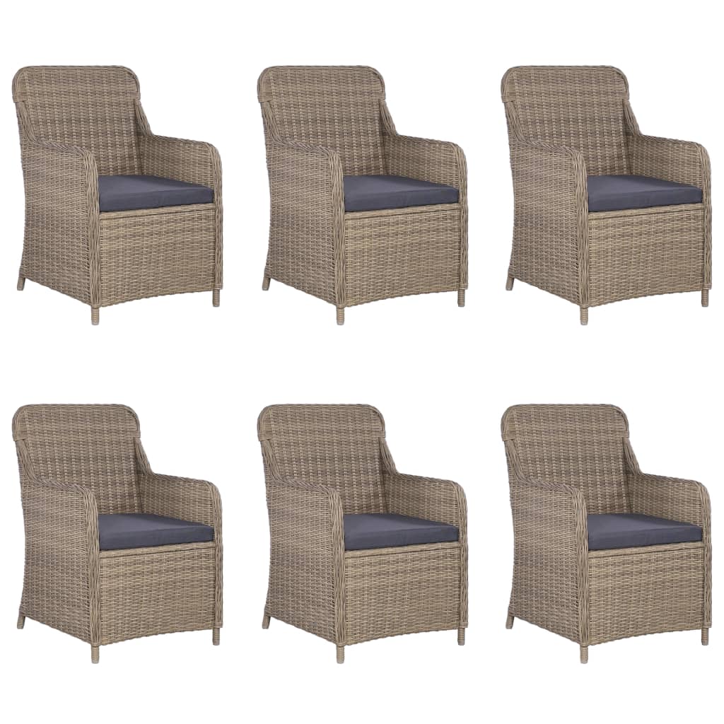 Set of six outdoor dining chairs made of weather-resistant PE rattan with comfortable gray cushions, perfect for garden dining.