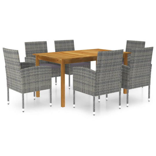 7-piece grey garden dining set featuring solid acacia wood table and weather-resistant rattan chairs with cushions.