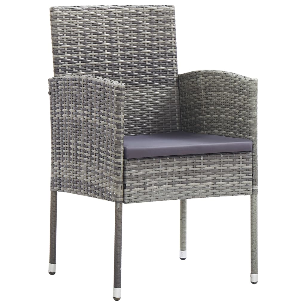 Grey outdoor dining chair with weather-resistant rattan and removable cushion, perfect for garden furniture.