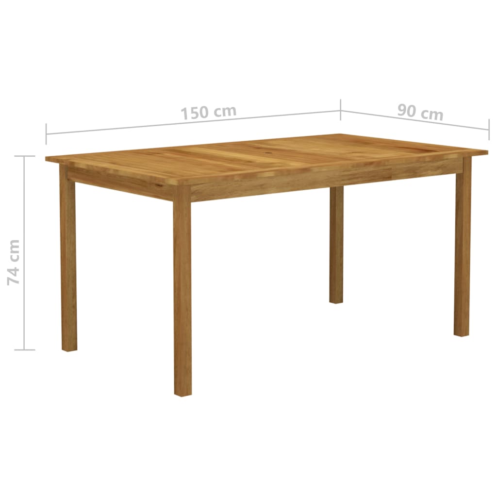 Solid acacia wood dining table with dimensions 150 cm x 90 cm x 74 cm, perfect for outdoor furniture setups.