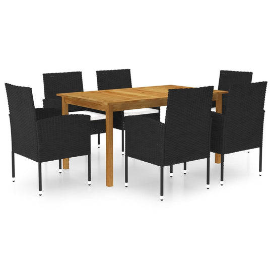 7 Piece Garden Dining Set with acacia wood table and black PE rattan chairs, ideal for outdoor furniture and patio spaces.