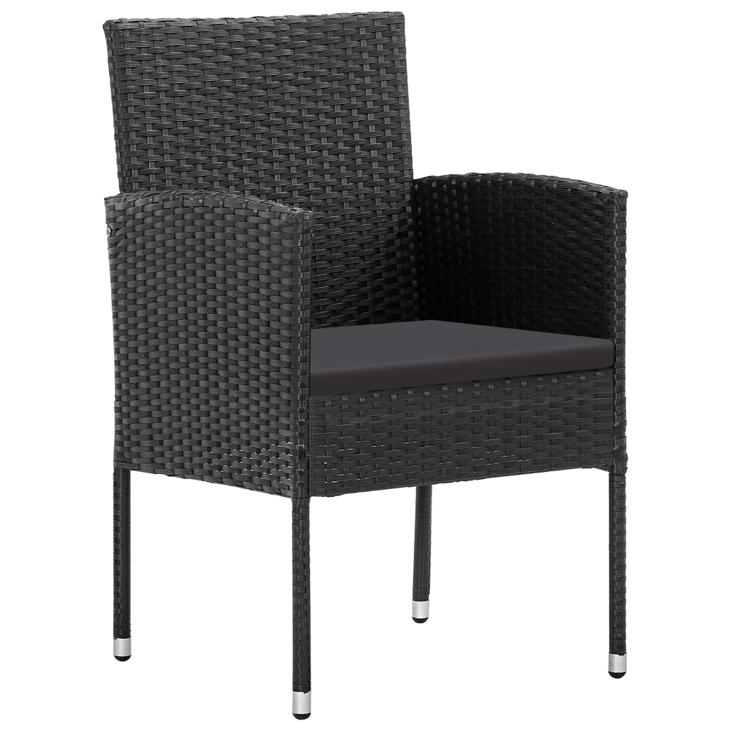 Black rattan outdoor dining chair with cushion for patio furniture and garden lounge set.