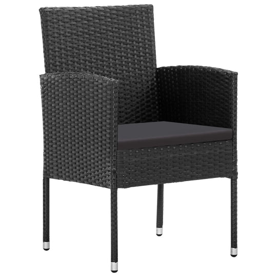 Black rattan outdoor dining chair with cushion for patio furniture and garden lounge set.