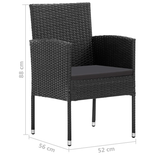 Black PE rattan garden dining chair with dimensions, part of 7 piece outdoor furniture set for patio or balcony.