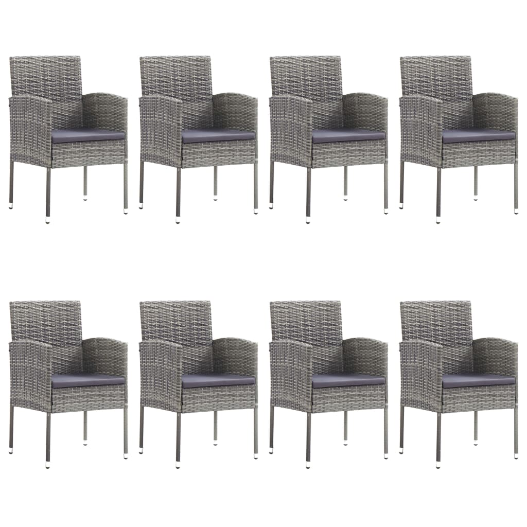 Eight PE rattan garden dining chairs with powder-coated steel frames for patio or balcony furniture sets.