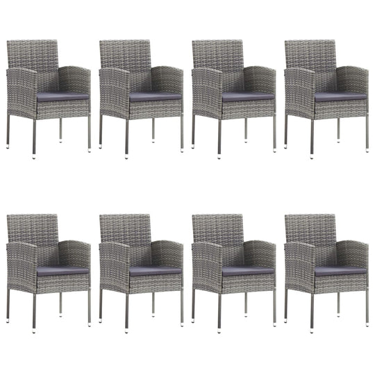 Eight PE rattan garden dining chairs with powder-coated steel frames for patio or balcony furniture sets.