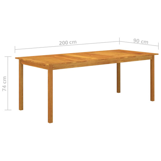 Solid acacia wood outdoor dining table with dimensions 200x90x74 cm for garden patio furniture.