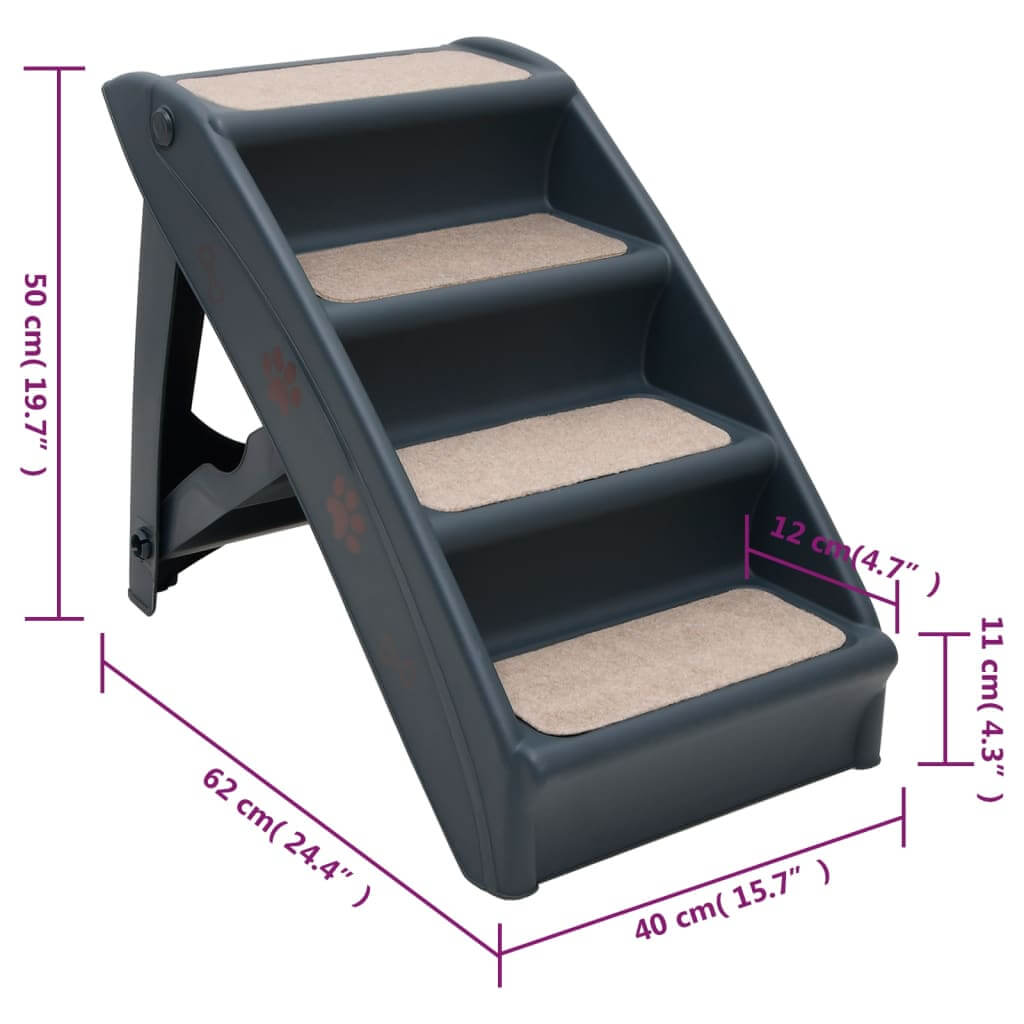 Folding 4-Step Dog Stairs Dark with dimensions and non-slip steps for pets to reach furniture easily.