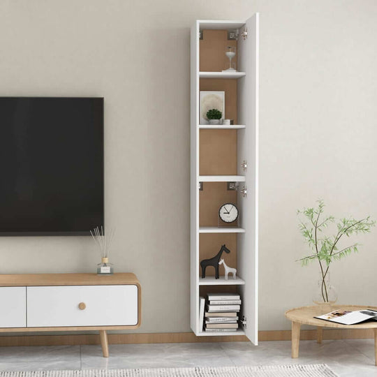 Wall-mounted white TV cabinet with shelves for storage, modern design for living room, ideal for books and decor.