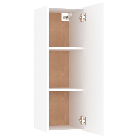 White wall-mounted TV cabinet with open doors, showcasing three shelves for storage in a modern design.