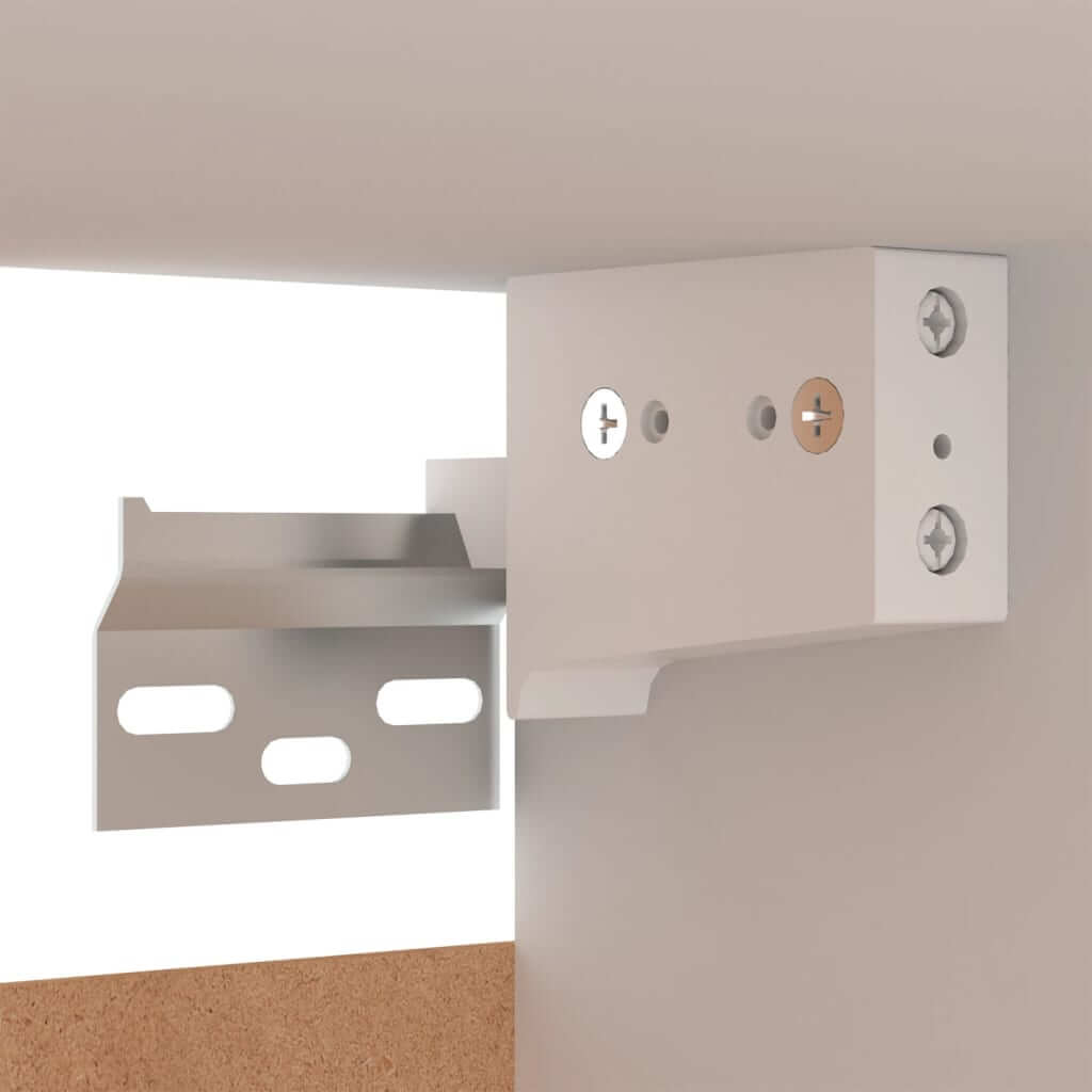 Wall-mounted cabinet bracket detail for secure installation in TV cabinets, showcasing engineered wood support design.