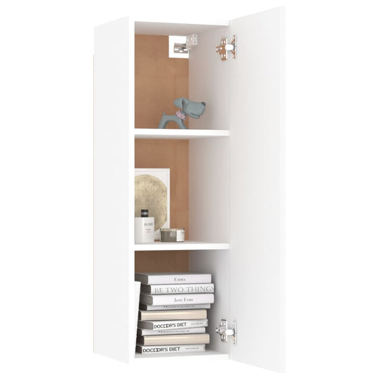 Wall-mounted white TV cabinet featuring two shelves for storage, showcasing books and decorative items. Ideal for modern furniture design.