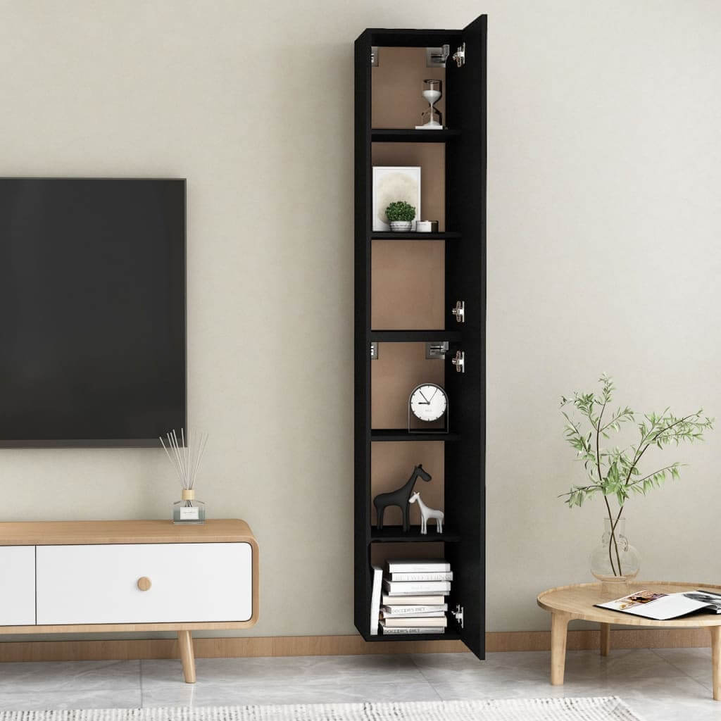 Black wall-mounted TV cabinet with shelves for books and decor, enhancing living room style and storage.