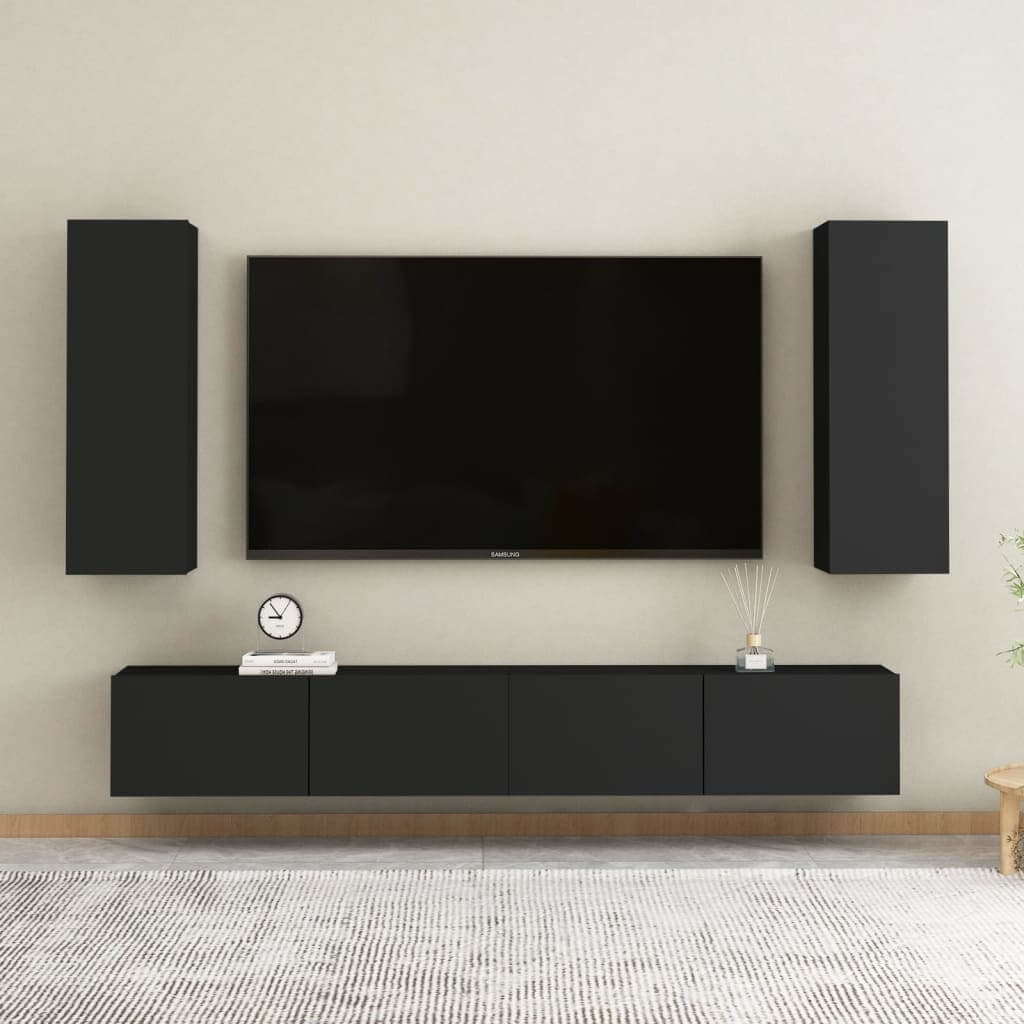 Stylish black wall-mounted TV cabinets set with shelves for modern living room, engineered wood design, and minimalistic decor.