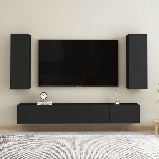 Stylish black wall-mounted TV cabinets set with shelves for modern living room, engineered wood design, and minimalistic decor.